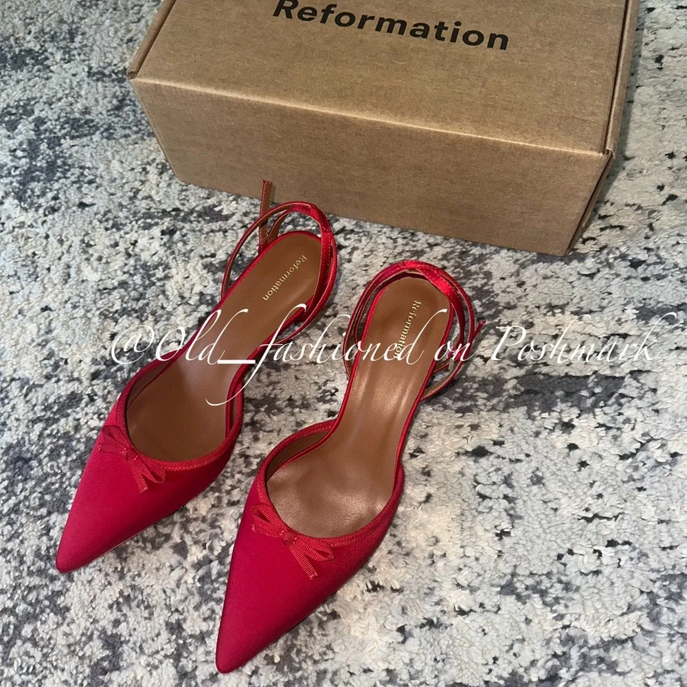 REFORMATION Wade Kitten Heel Pumps - Lipstick Satin - Picture 9 of 16